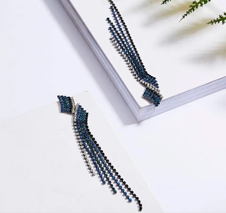 Blue Rhinestone Crystal Fashion Long Tassel Earrings for Women's Jewels