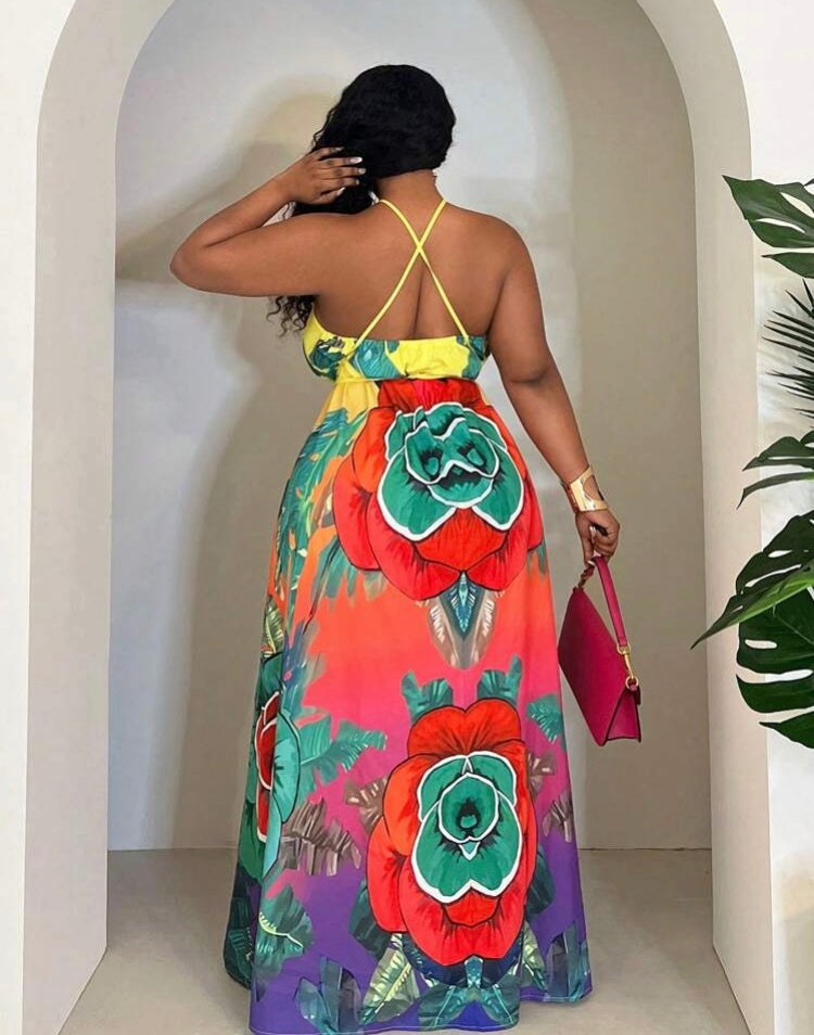 Sophisticated Her Plus Size Women Tropical Plant Floral Print Sleeveless Halter Cross Tie Waist Dress for Casual & Vacation Cruise Ready Spring Summer Wear
