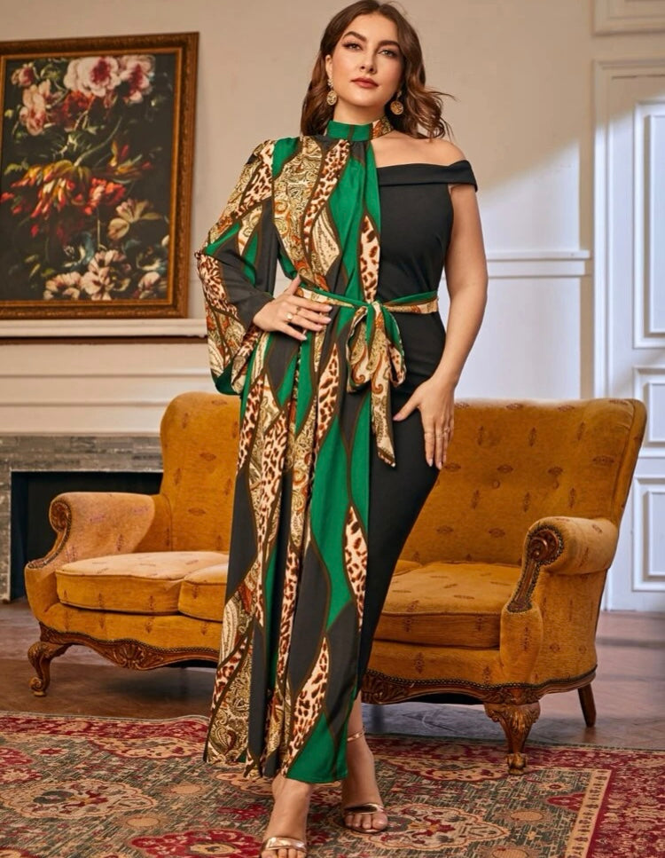 Plus Curvy Woman Green Stunning One Shoulder Glam Diva Choker Neck Leopard & Baroque Print Dress Clothing