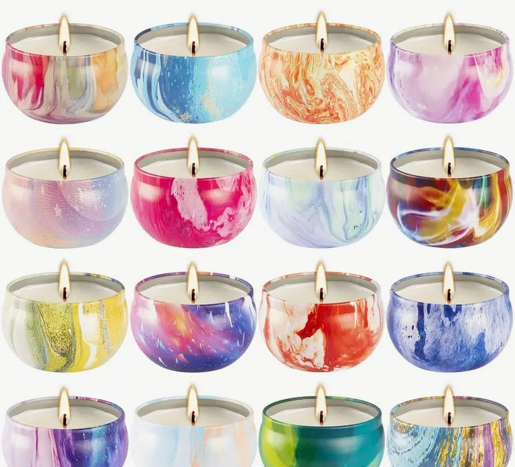 Fragrance Scented Handmade Soy Wax Small Candles w Round Metal Lid Container and Glitter Accents
