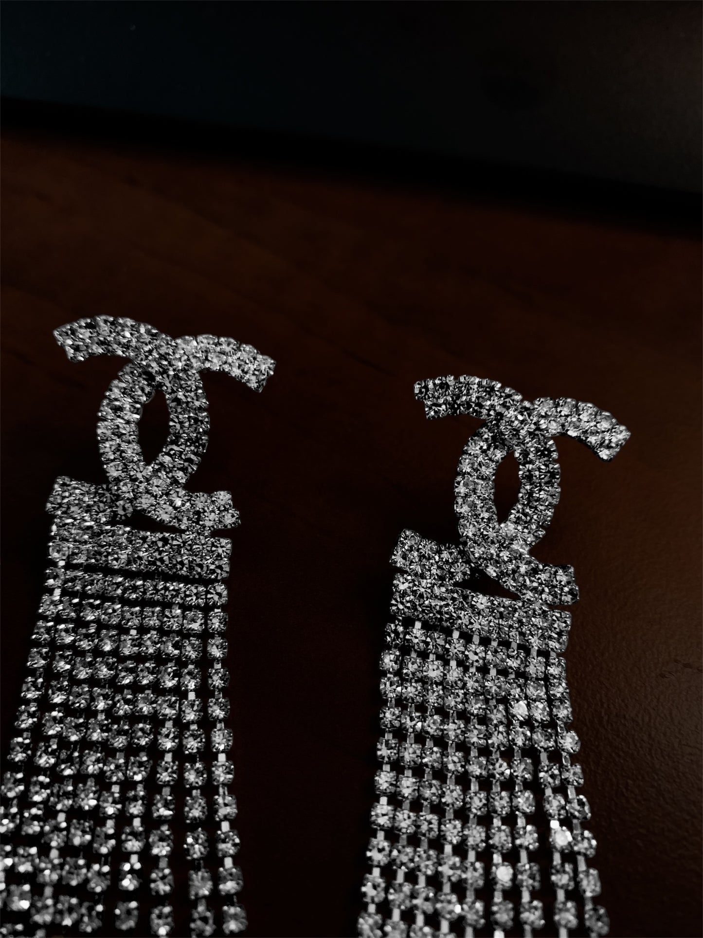 Luxury Silver Tassel Crystal Double C Drop Earrings for Women Shiny Rhinestone Earrings