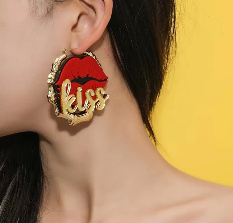 Fashion Red Kiss Sexy Lips Acrylic Women Gold Bamboo Earrings Jewelry