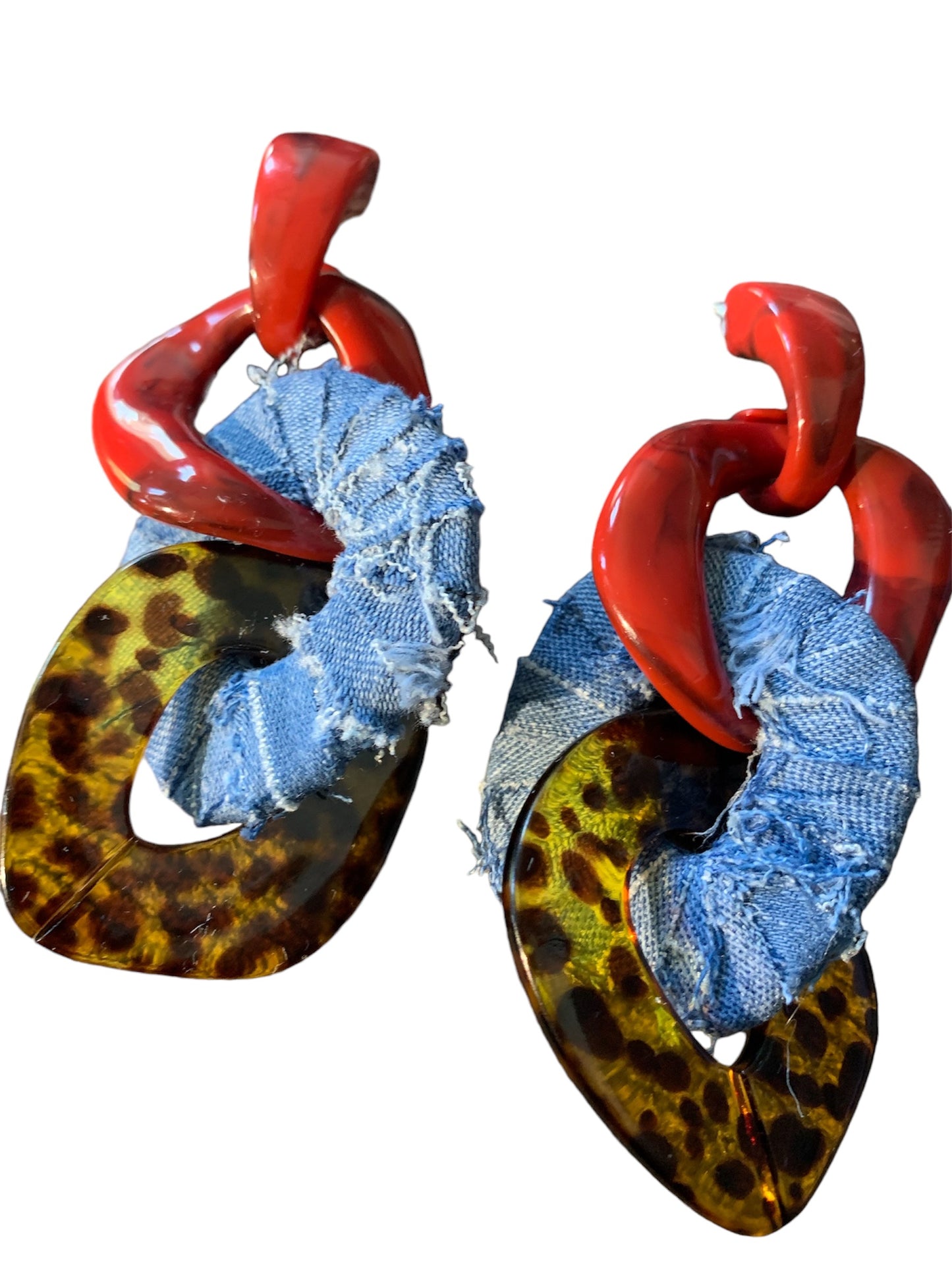 Beautiful Three Ring Layered Denim Cheetah Handmade Tassel Dangle Earrings for Women Fashion Jewelry
