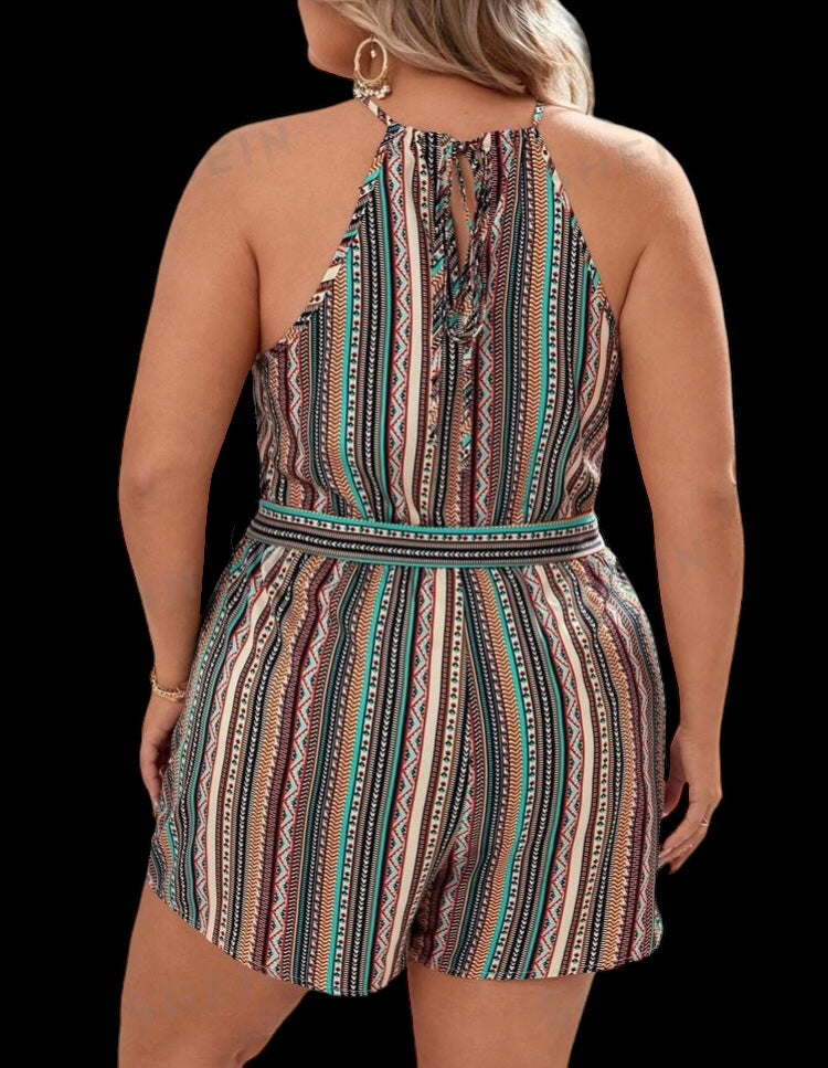 Earth Tone Girl Plus Strips Print Halter Neck Belted Shorts Cute Trendy Summer Romper Wear