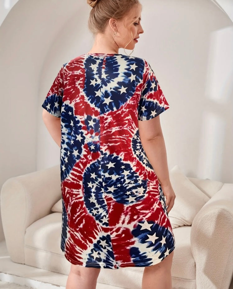 Red White Blue Plus Size Independence Day Loungewear Dress Women's Plus Tie Dye Star & Flag Print Short Sleeve Comfort Wear Dress Clothes