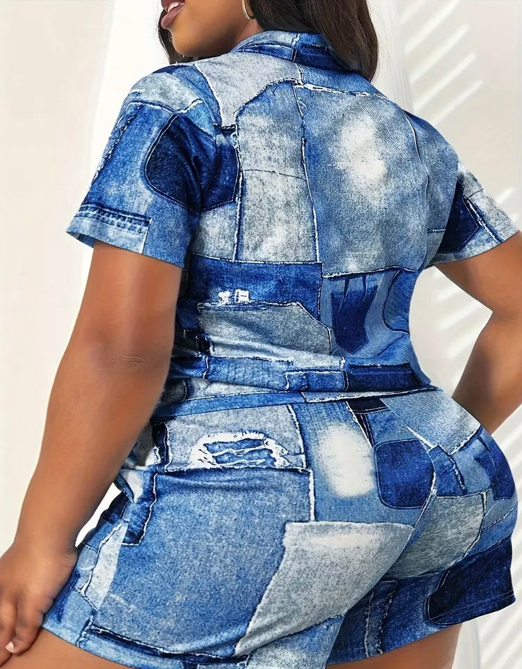 Blue Denim Print Look Summer Top & Short Plus Size Casual Outfit Set Women's Plus Short Sleeve Collared Neck Stretch Two Piece Set