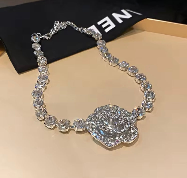 Bling Bling Flower Silver Pendant Shiny Rhinestone Crystal Long Dangling Earrings Jewelry