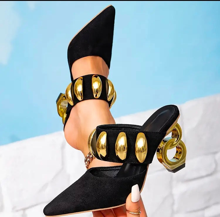 Elegant Black Fierce Gold Suede Sexy Pointed Toe w Golden Buckle Slip-On Party Fashion Mule Clog Heels