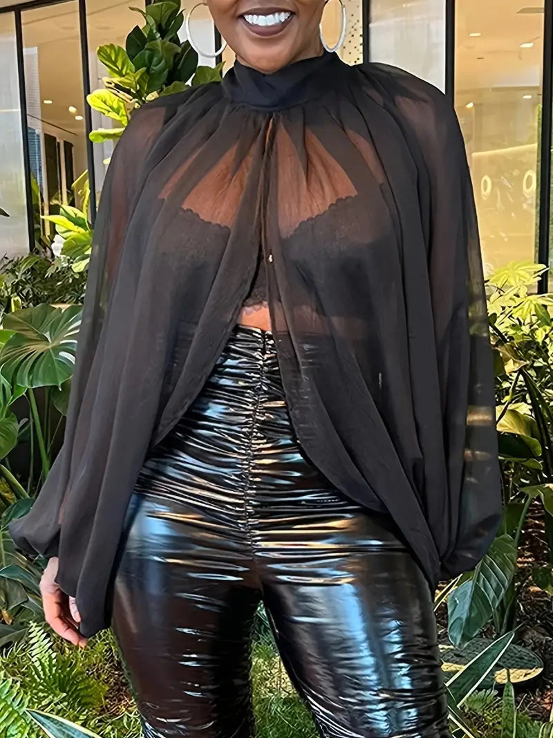 Black Sheer Plus Size Elegant Mock Neck Split Blouse Lantern Sleeve Comfortable Fit for Curvy Women