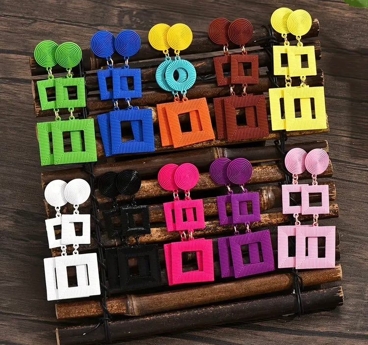 Sassy Styled Multicolor Elegant Long Dangle Square Statement Drop Earrings for Ladies Fashion