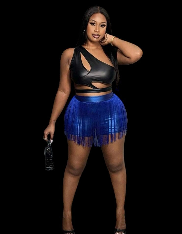 Shimmering Blue Plus Size Elastic PU Leather Fringed Shorts Women’s Wear