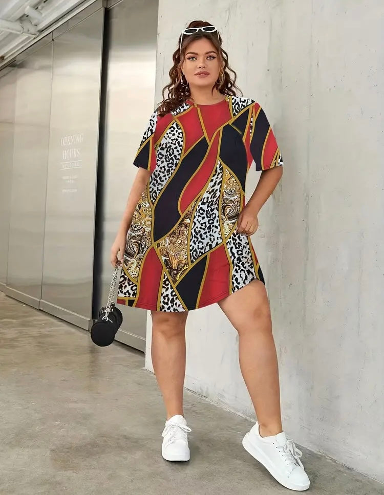 Red Printed Cheetah Styled Plus Size Casual Lounge Paisley Print Short Sleeve Round Neck Women’s Comfy Summer Dress Clothing