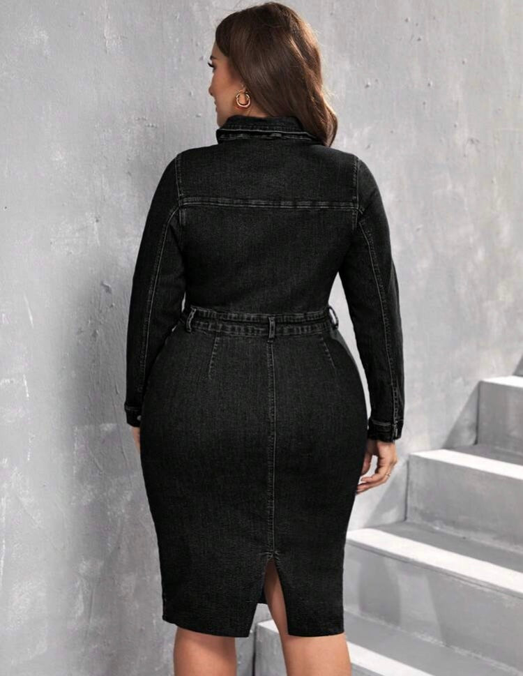 Plus Size Women Black Denim Chic Casual Pocket Waisted Fitted Tight Stretchy Curvy Wear Dress