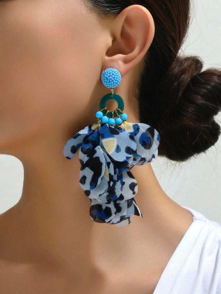 Blue Fashionable Handmade Beaded Lace Petal Shaped Pendant Earrings For Women