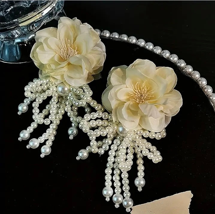 Summertime Flower Pearl Drop Dangle Blossom Design Fashion Statement Earrings Womens