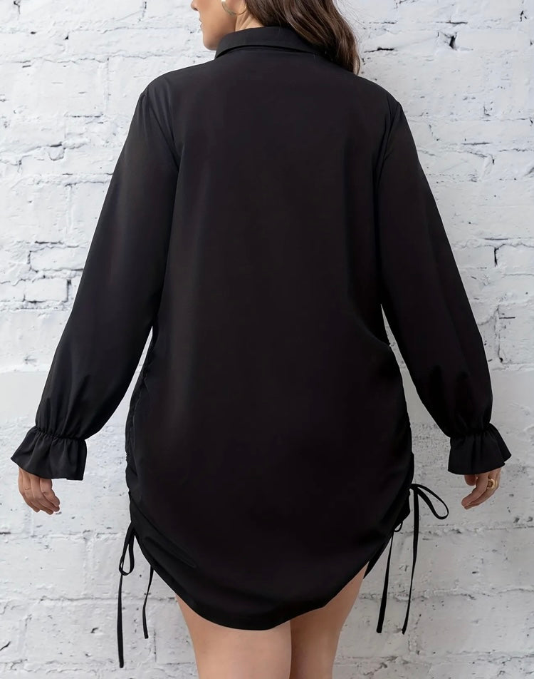 Black Classy High Fashion Button Front Drawstring Sides Shirt Dress Women's Plus Size Casual Stretch Loose Fit Trendy Statement Shirt Dress