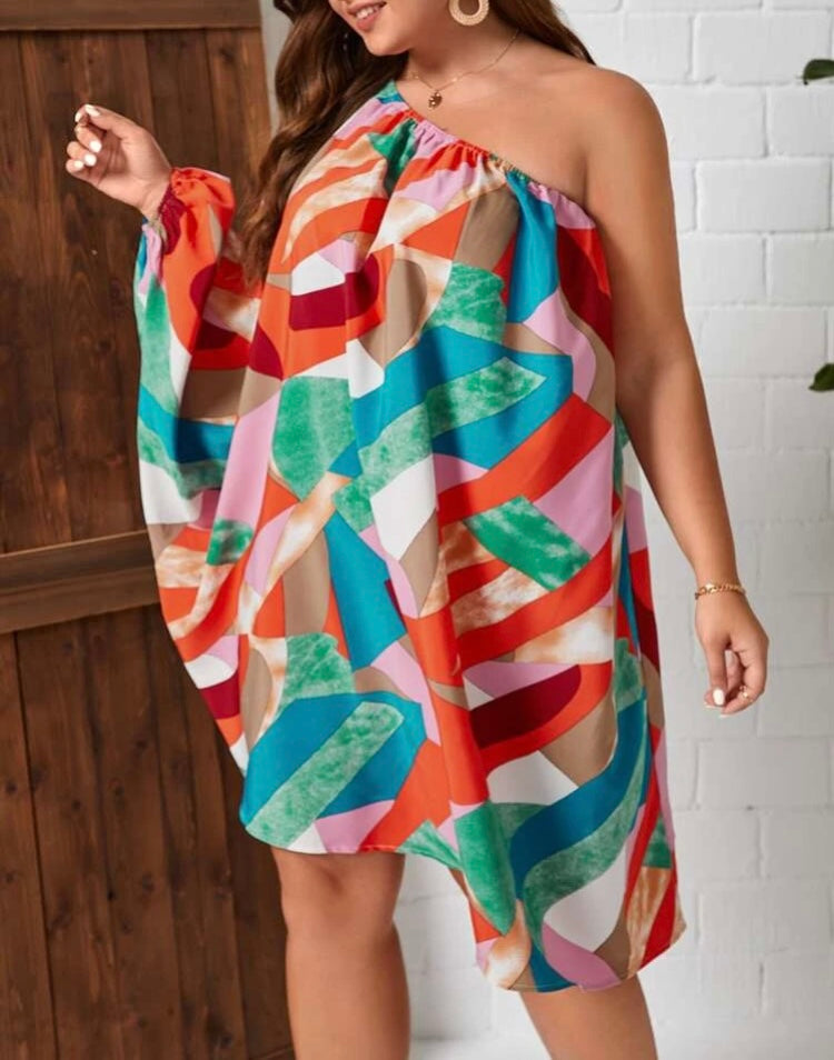 Plus Size Allover Print One Shoulder Colorfully Made Pretty One Sleeve Dressy Dress Fits Most Clothing
