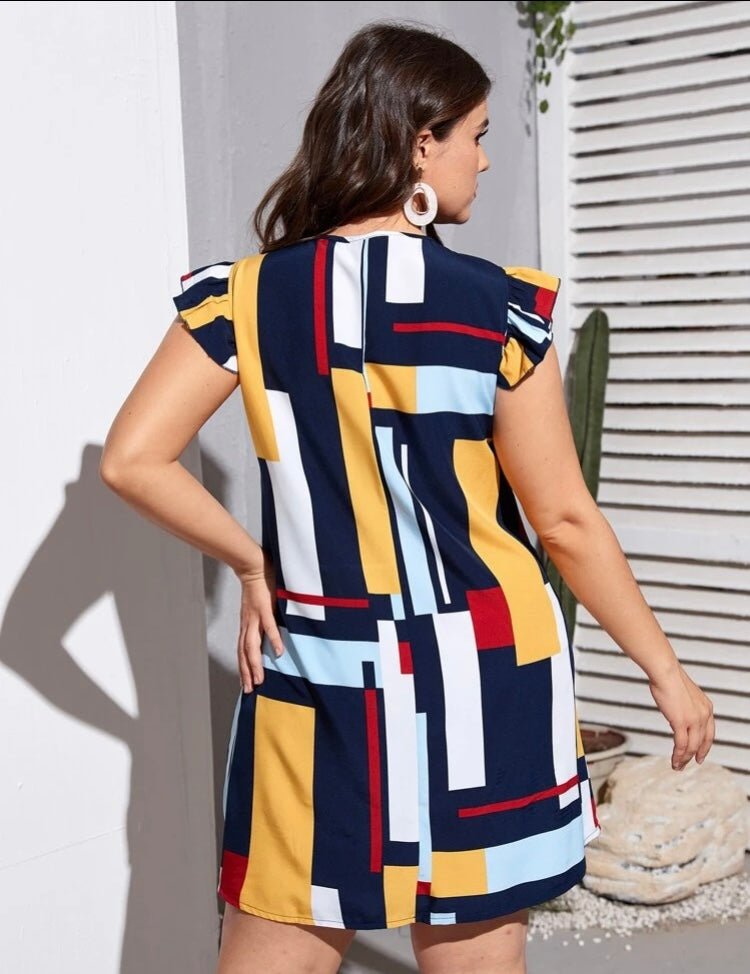 Classy Mix Collection Plus Color Block Geo Print Ruffle Trim SunDress Women’s Wear Clothing