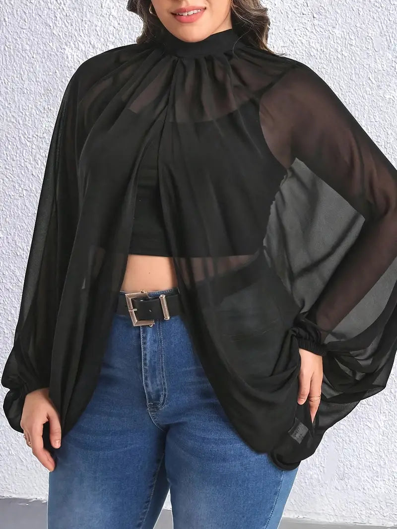 Black Sheer Plus Size Elegant Mock Neck Split Blouse Lantern Sleeve Comfortable Fit for Curvy Women
