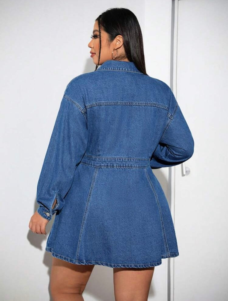 Mini Skirt Plus Size Blue Denim Casual Long Sleeve Short Dress