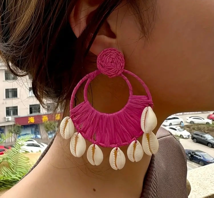 African Cowrie Shell Fashion Beach Crochet Earrings Large Circle Tassel Dangle Jewelry
