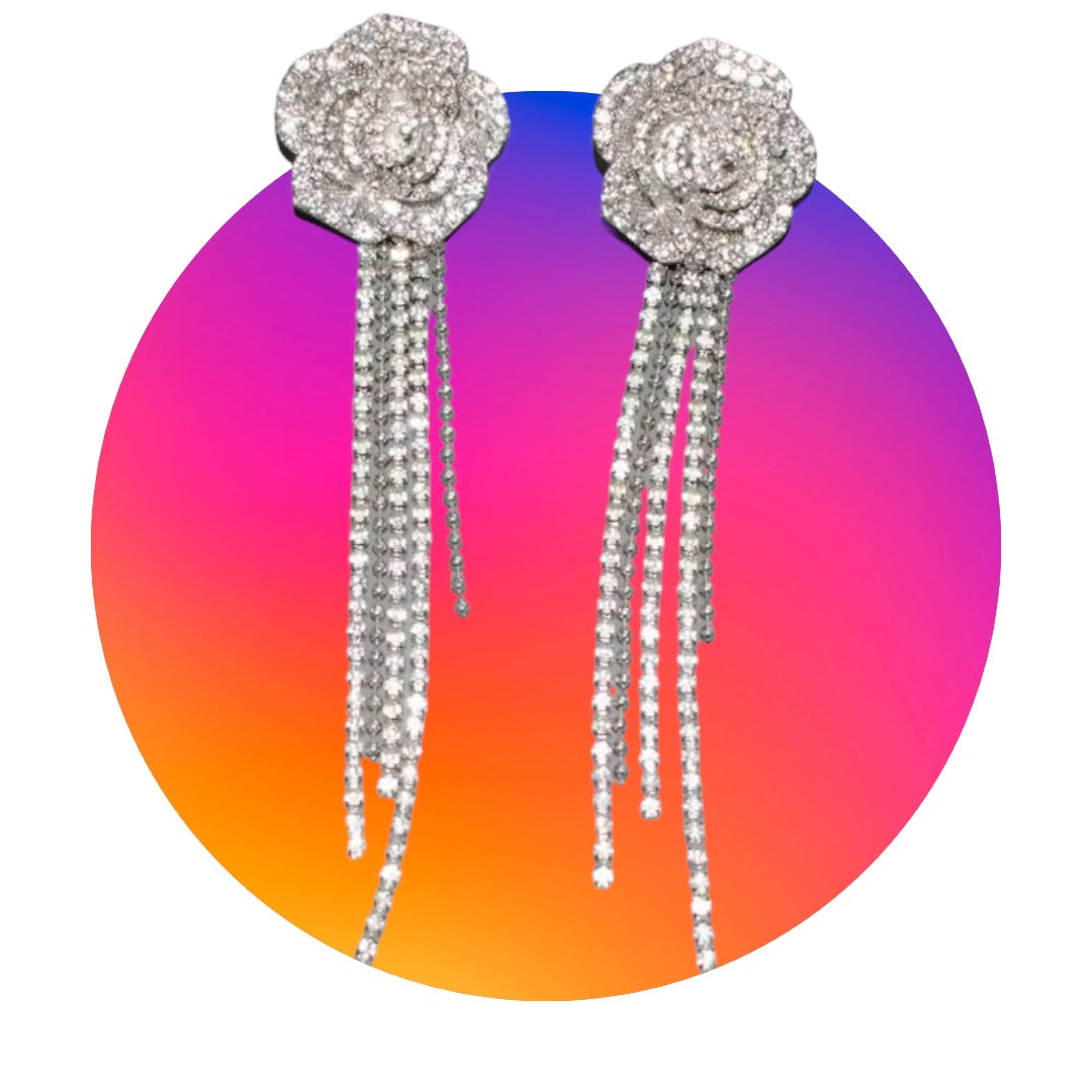 Bling Bling Flower Silver Pendant Shiny Rhinestone Crystal Long Dangling Earrings Jewelry