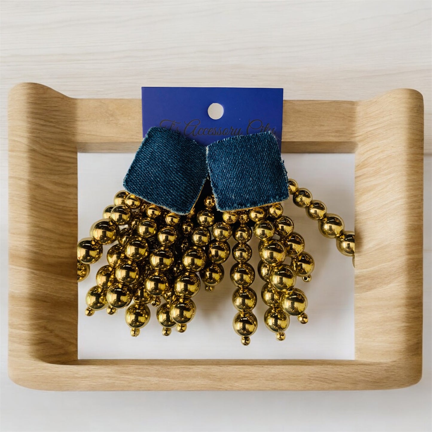 Gold Denim Wooden Round Beaded Chain Drop Earrings High-Quality Fashion Trend Jewelry Accessories