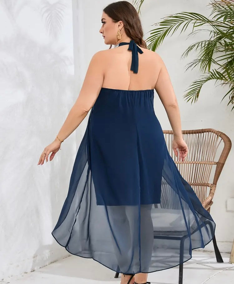 Gorgeous Blue Sequin Halter Neck Dress Casual Sleeveless Midi Dress Women's Plus Size Clothing