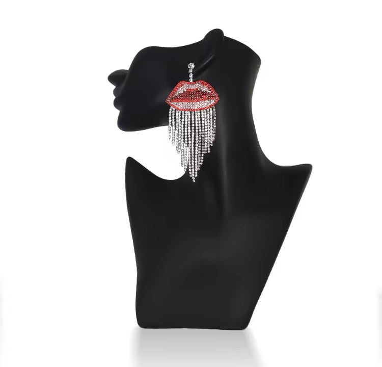 Lips Kiss Glam Luxury Sexy Rhinestone Red Lip Tassel Dangle Earrings for Women Jewelry