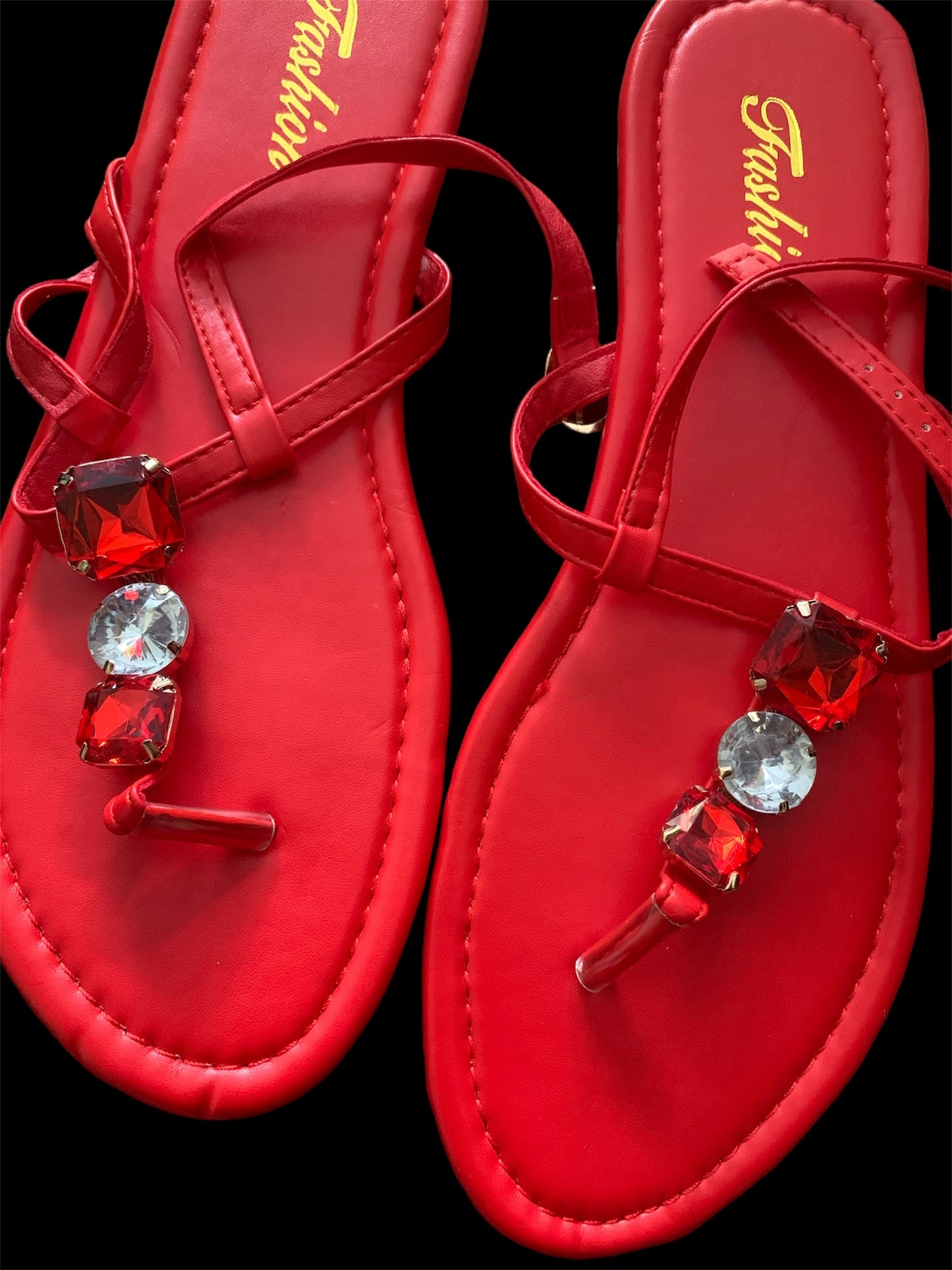 Rhinestone Red Shoe Thongs Open Toe Flat Cute Pretty Party Comfy Shoe Sandals