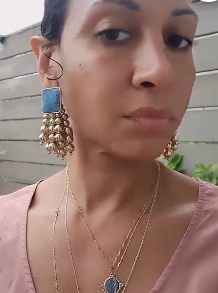 Gold Denim Wooden Round Beaded Chain Drop Earrings High-Quality Fashion Trend Jewelry Accessories