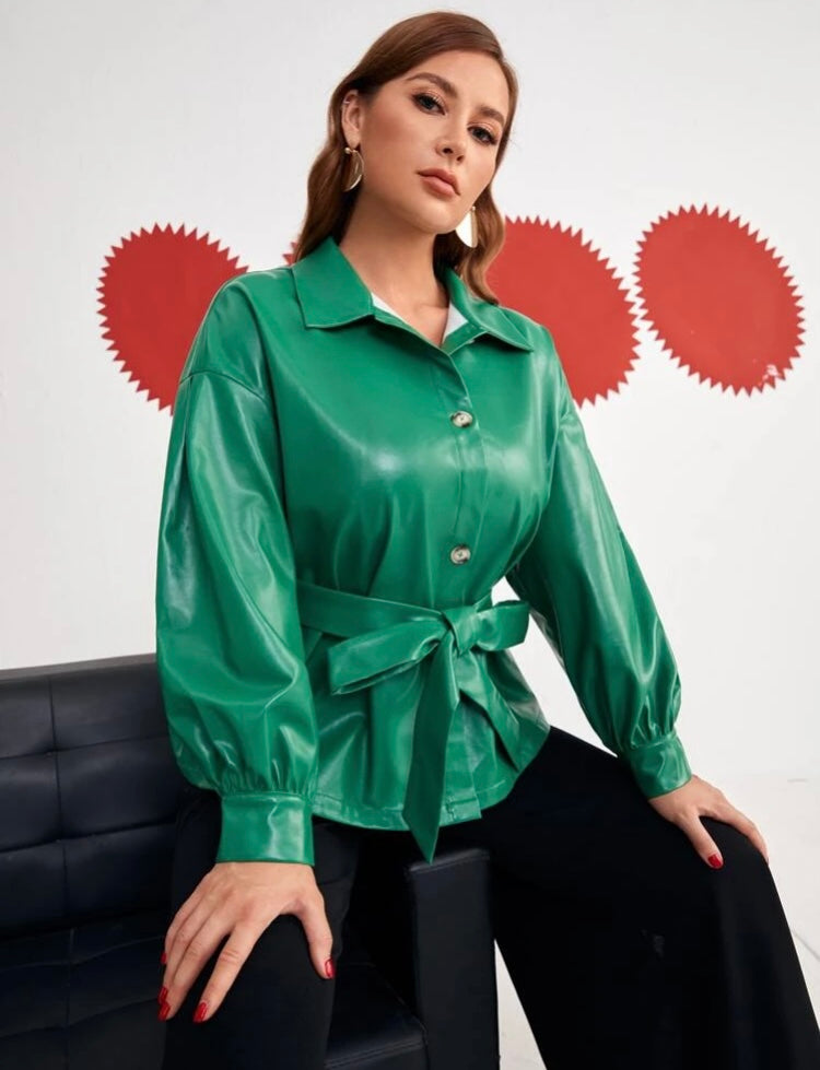 Attractive Green Plus Shirt Blouse Shoulder Belted Stylish PU Leather Jacket for Fall Winter Clothing Casual Formal Wear