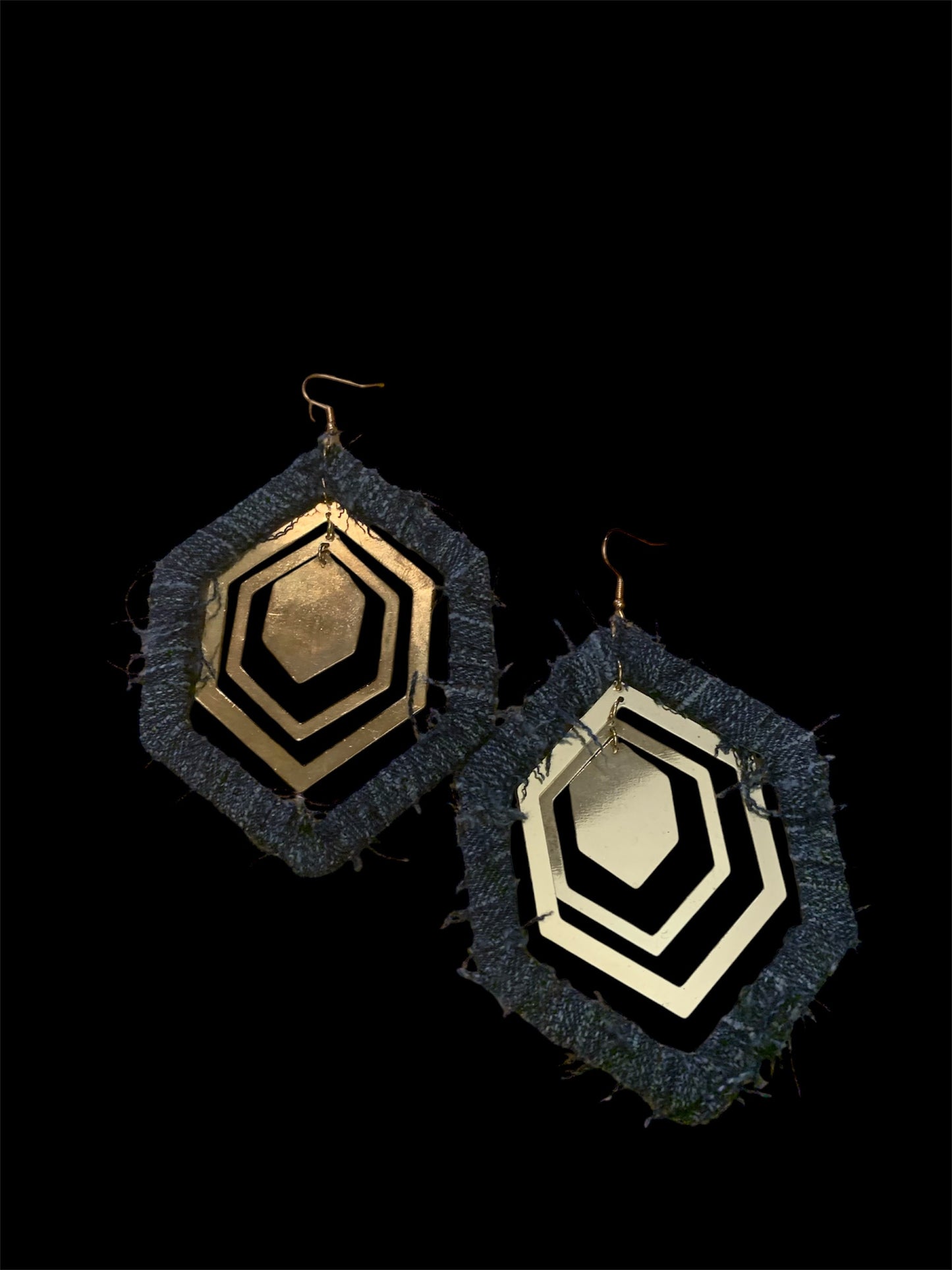 Handmade Fashion Denim Wood Statement Big Hexagon Distressed Earrings Accessories Women's Jewelry
