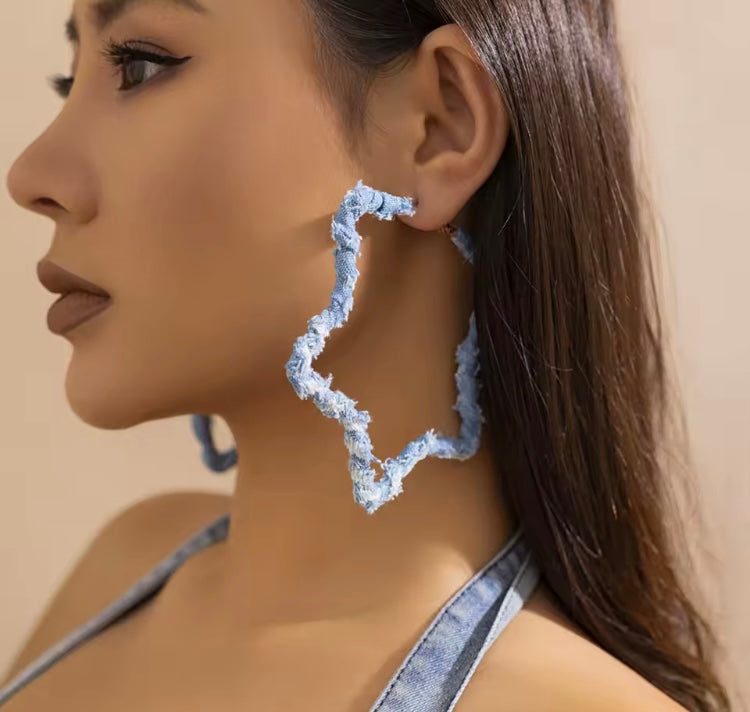 High Quality Exaggerated Blue Denim Hoop Earrings for Women Vintage Big Star Jewelry