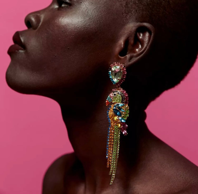 Exotic Parrot Dangle Shining Rainbow Colorful Rhinestone Drop Earrings for Women