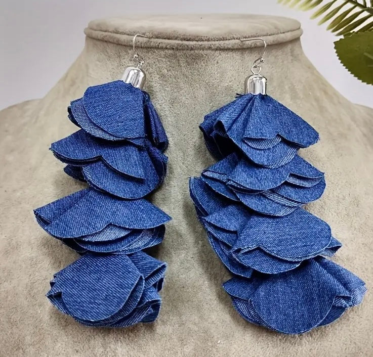 Beautiful Four Layered Denim Handmade Flower Petal Tassel Dangle Earrings for Women Fashion Jewelry