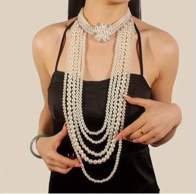 Long Elegant Radiant Pearl Rhinestone Faux Women's Necklace Jewelry Set Accessories