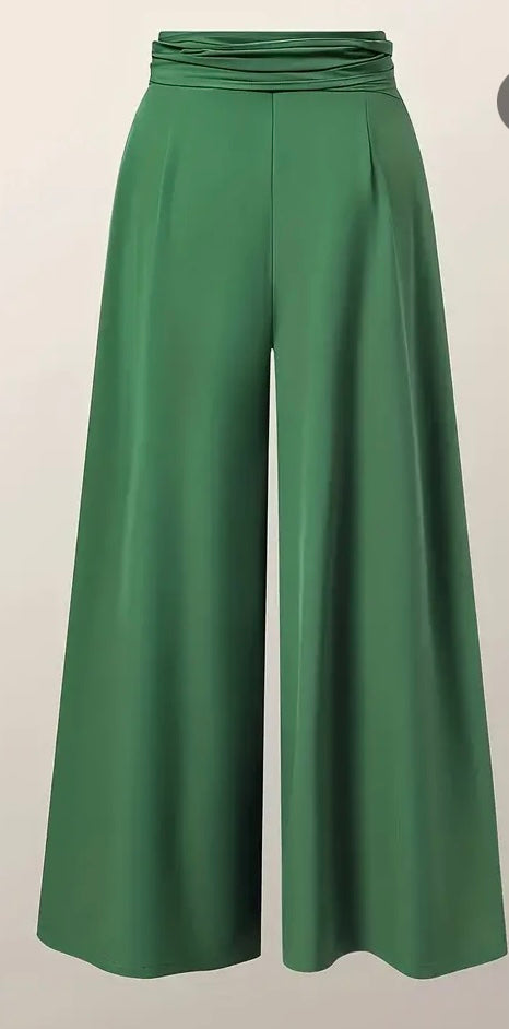 Beautiful Green Color Tie Waist Pants Casual Wide Leg Pants Women's Plus Size Clothing