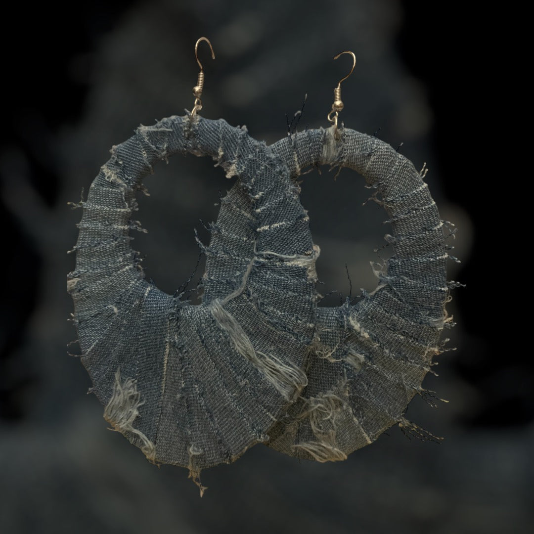 Handmade Fashion Denim Wood Statement Big Oval Earrings Accessories Women's Distressed Jewelry