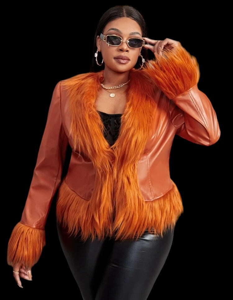 Orange & Tangy Plus Size Diva Fur Fuzzy Cuff Shawl Collar PU Leather Jacket Coat Winter Wear