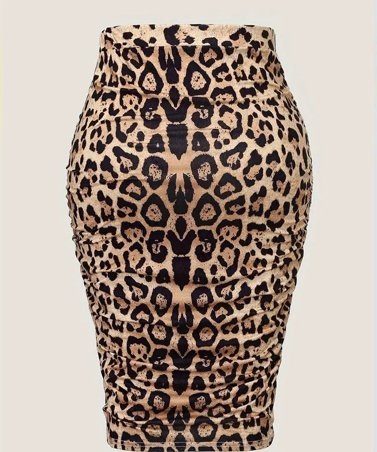 Leopard Print Pencil Skirt Ruched High Waist Midi Skirt Women's Plus Size Clothing