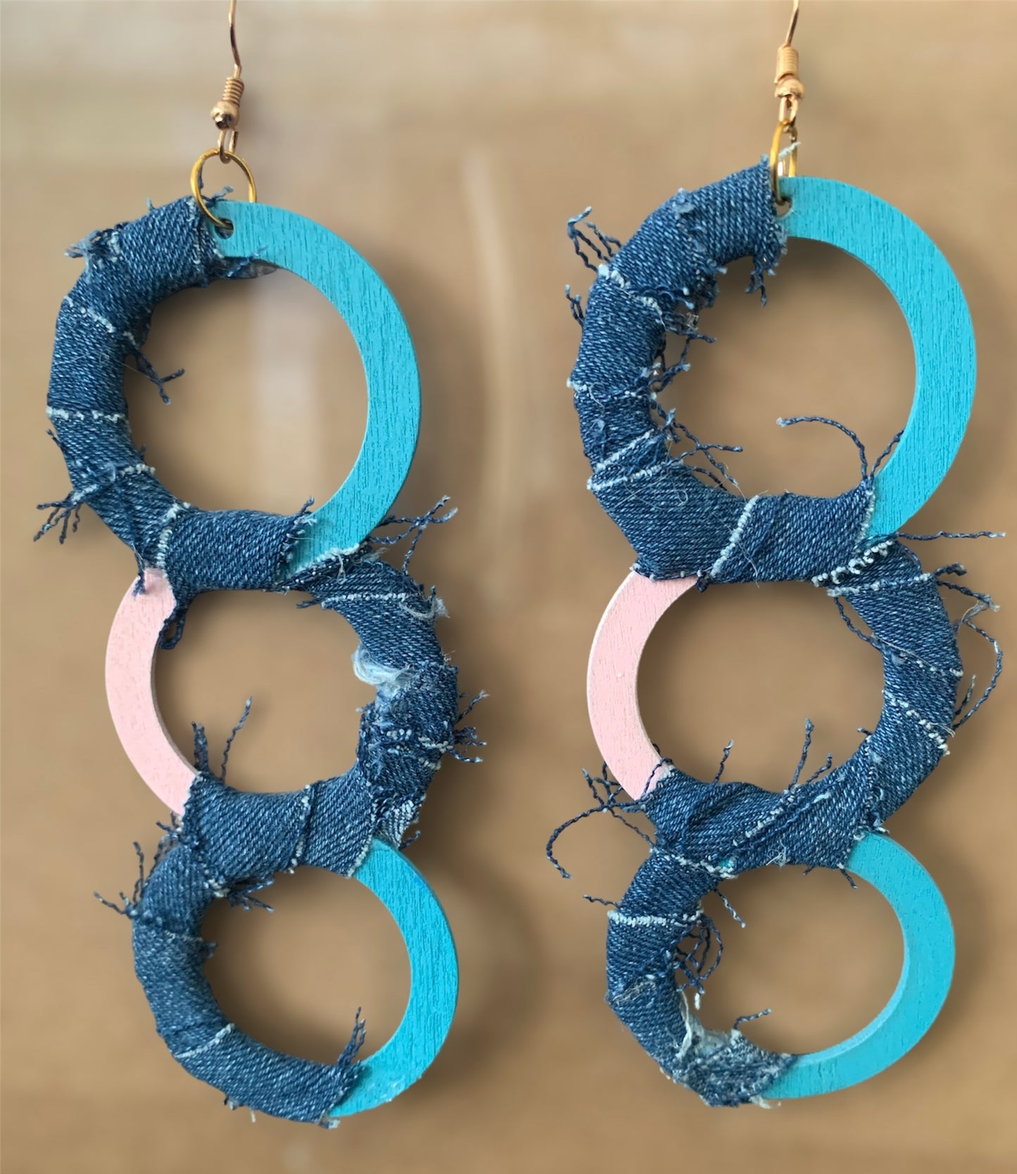 Fashion Statement Triple Denim Round Wood Distressed Baby Blue & Baby Pink Accents Customized Earrings Jewelry