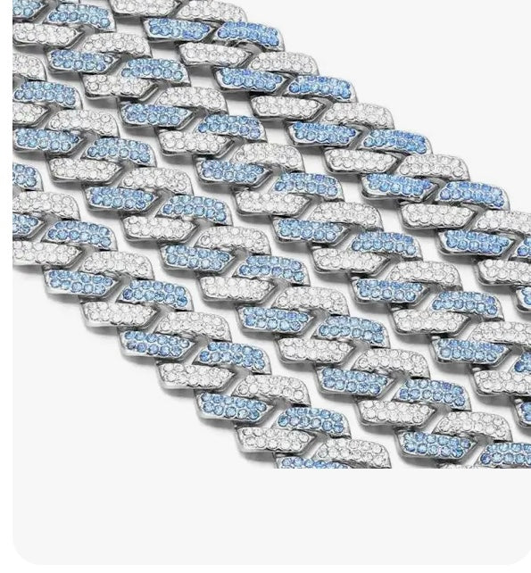 Blue Iced Out Cuban Link Chain Silver Tone Jewelry Rhinestone Bling Statement Unisex Necklace