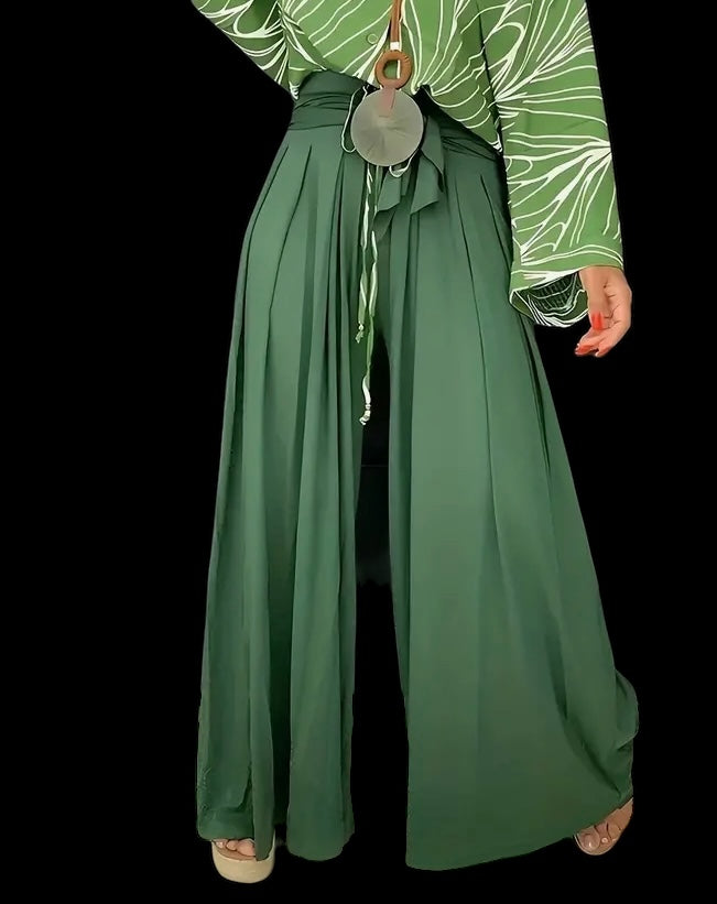 Beautiful Green Color Tie Waist Pants Casual Wide Leg Pants Women's Plus Size Clothing