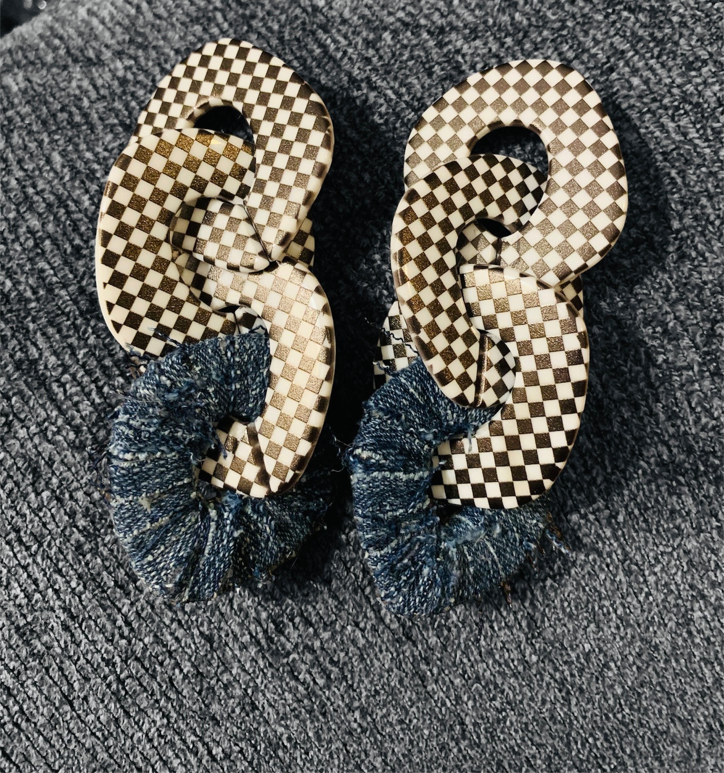 Handmade Checkered Denim Fashion Women Statement Print Geometric Drop Earrings Ladies Jewelry