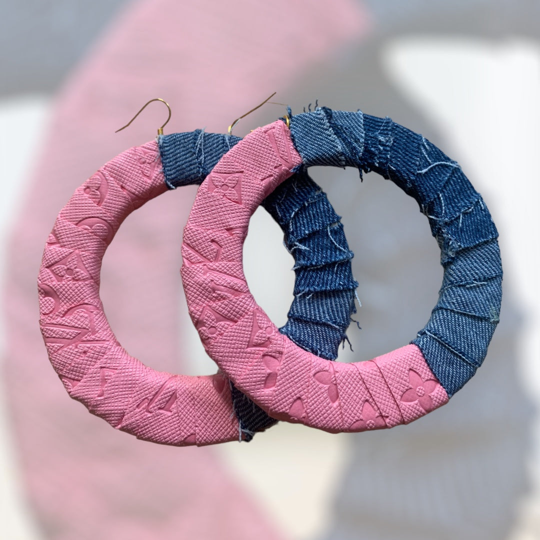 Fashion Statement Denim Pink Wood Distressed Customized Big Hoops Designer Earrings Jewelry
