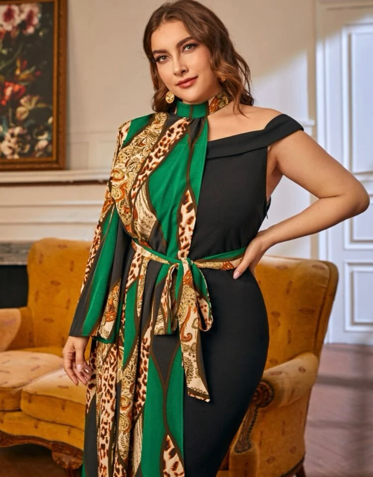 Plus Curvy Woman Green Stunning One Shoulder Glam Diva Choker Neck Leopard & Baroque Print Dress Clothing