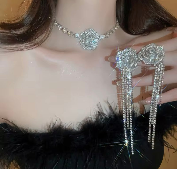 Bling Bling Flower Silver Pendant Shiny Rhinestone Crystal Long Dangling Earrings Jewelry