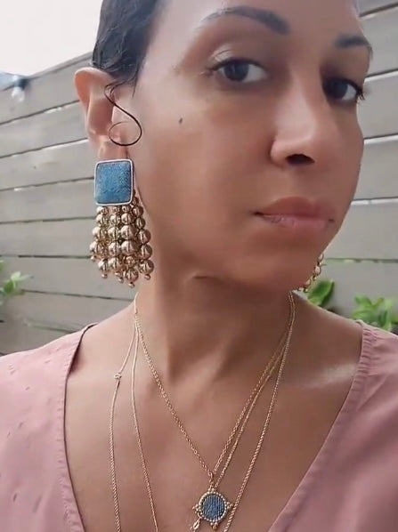 Gold Denim Wooden Round Beaded Chain Drop Earrings High-Quality Fashion Trend Jewelry Accessories