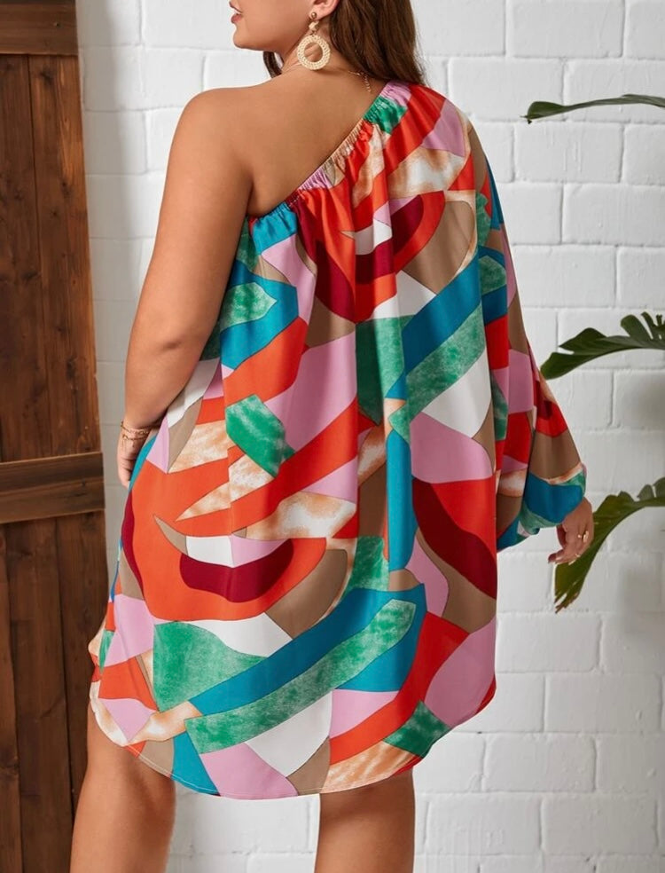 Plus Size Allover Print One Shoulder Colorfully Made Pretty One Sleeve Dressy Dress Fits Most Clothing